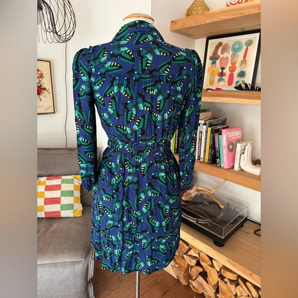 Maeve Anthropologie Vibrant Blue and Green Long Sleeve Butterfly Shirt Dress - Picture 6 of 7